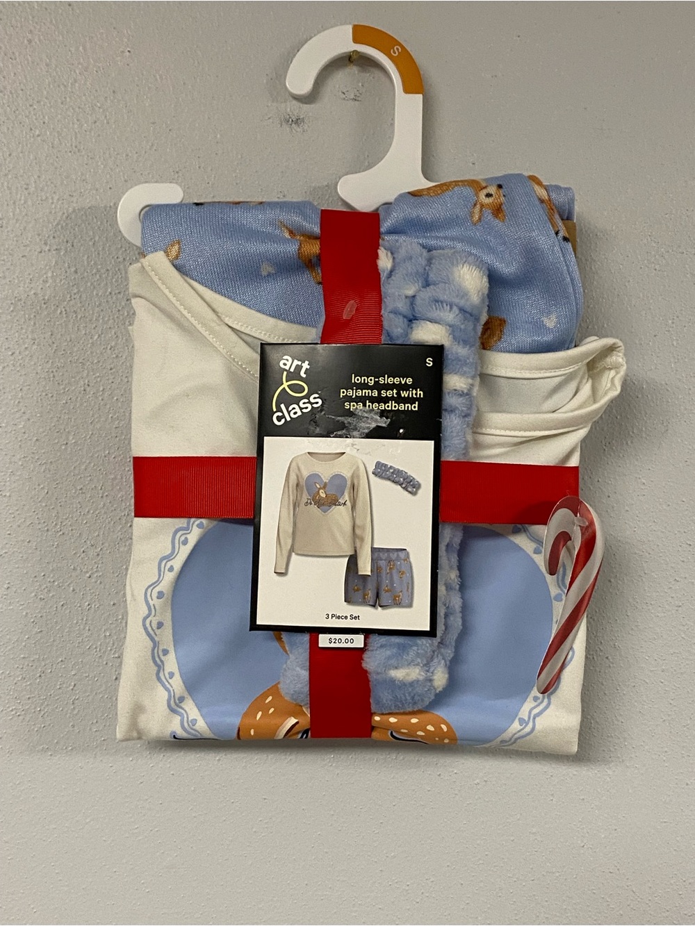 Art Class Blue & Cream Long-Sleeve Pajama Set with Spa Headband. NWT